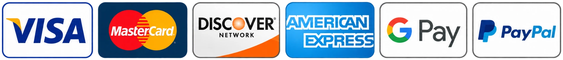 Accepted payment methods: Visa, Mastercard, Discover, American Express, Google Pay, PayPal